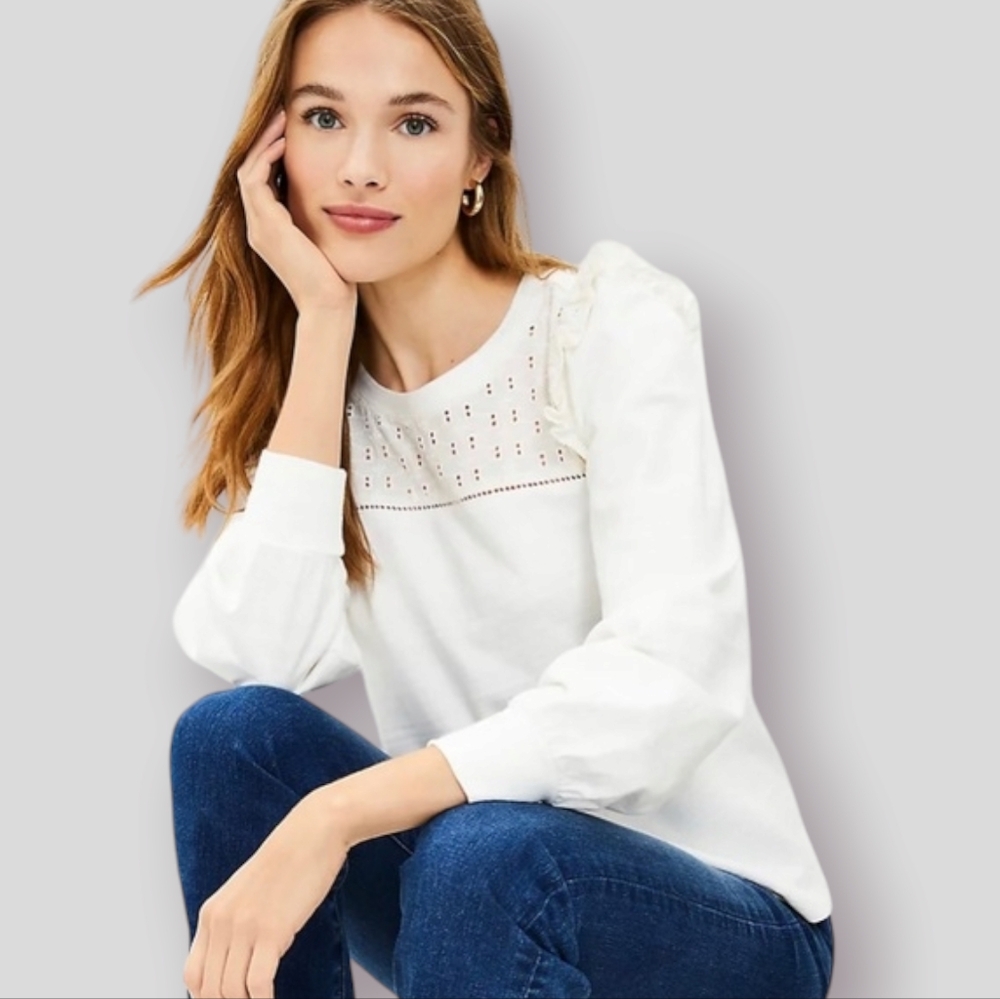 Loft Eyelet Yoke Ruffle Shoulder Sweatshirt